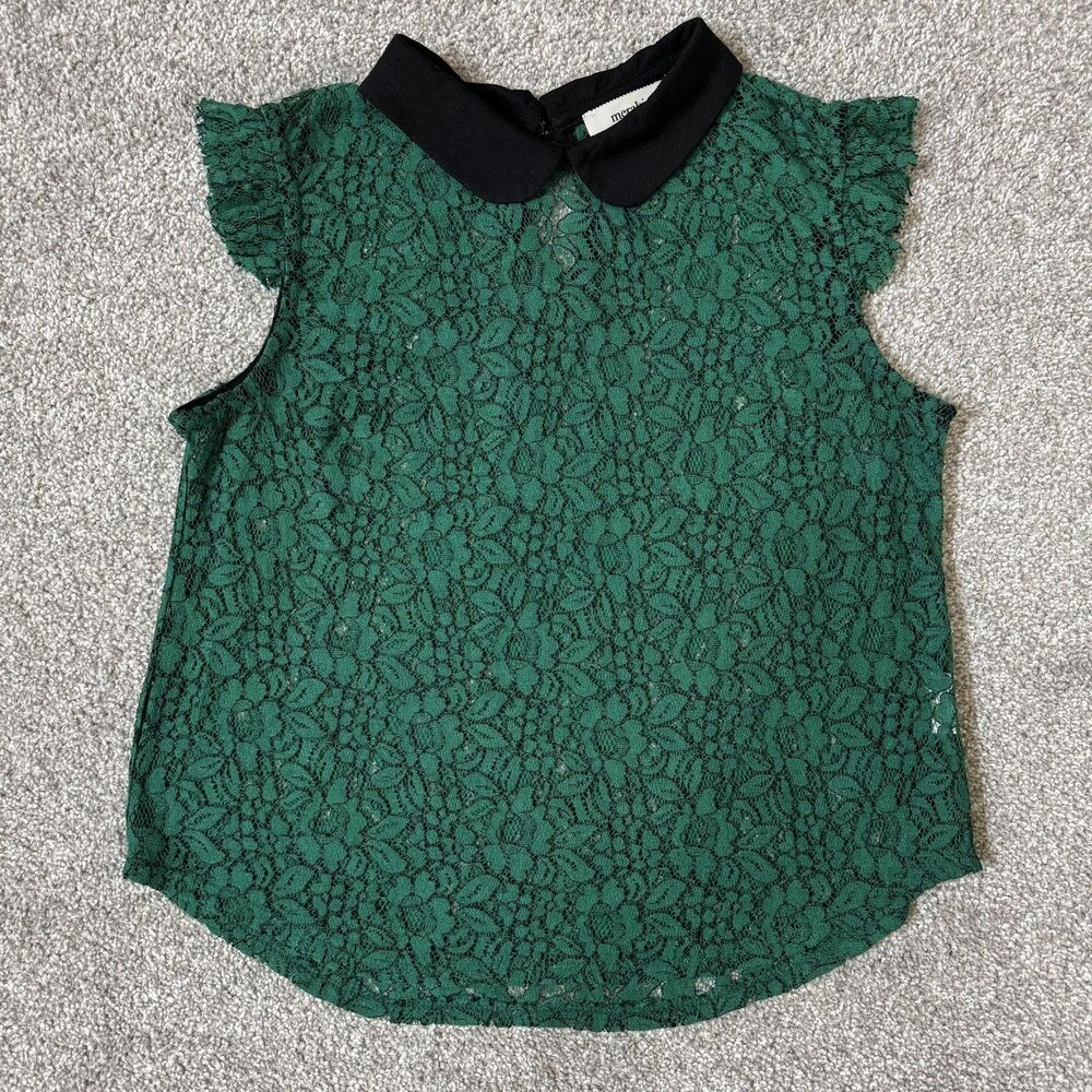 Meraki Shirt Womens Medium Green Lace Sheer PeterPan Collar Cap Sleeve Business